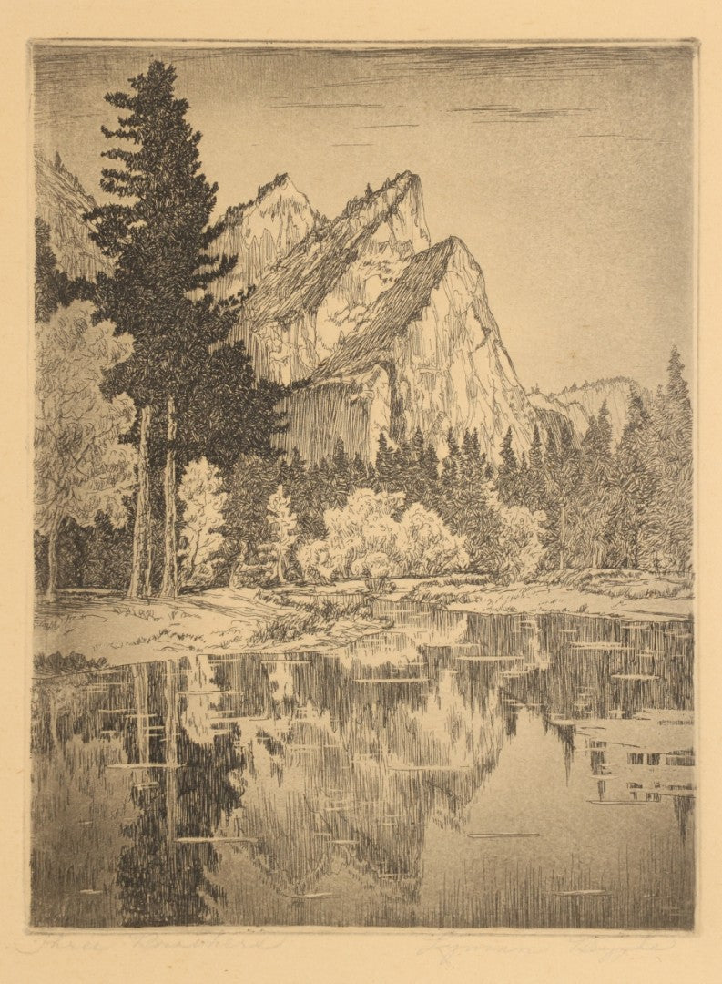 Pair of Vintage Framed Etchings including Three Brothers, Yosemite National Park, and Coastal Scene with Buildings