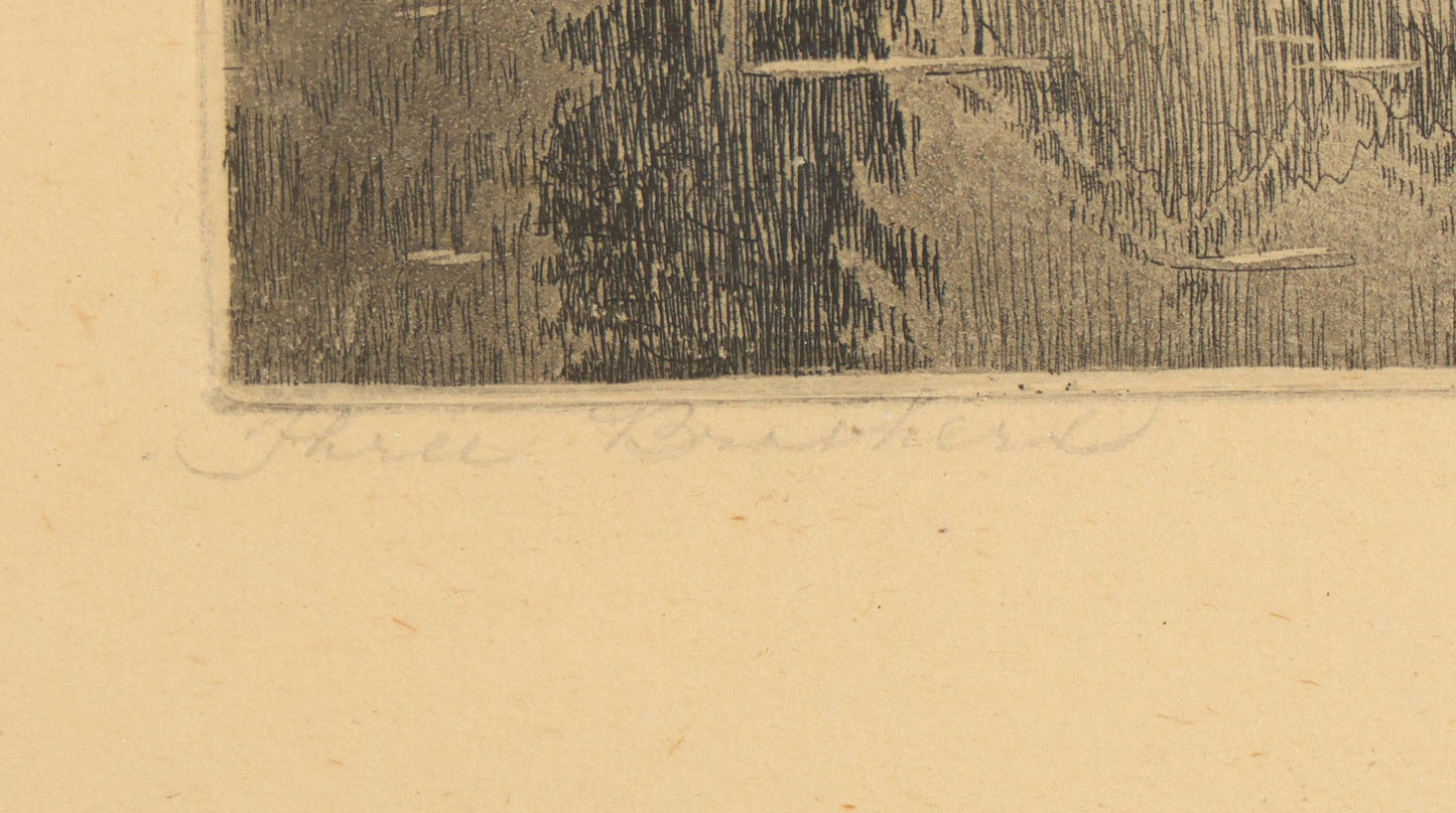 Pair of Vintage Framed Etchings including Three Brothers, Yosemite National Park, and Coastal Scene with Buildings