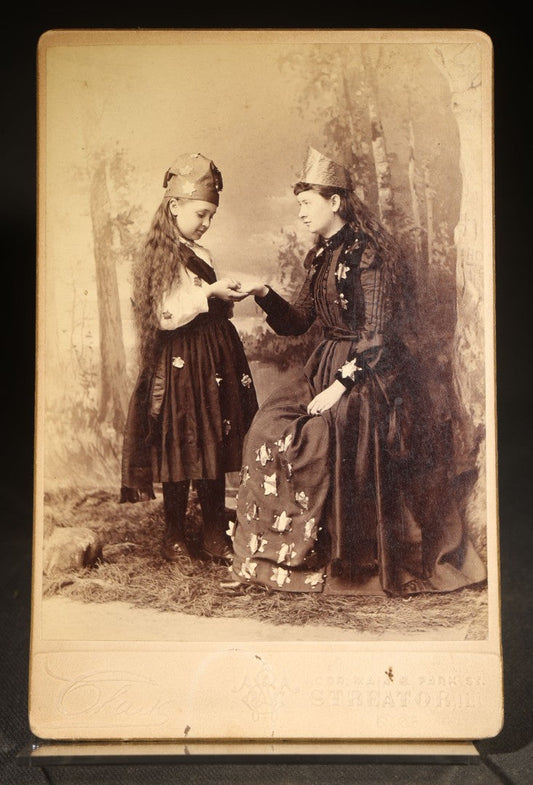 Antique Cabinet Card Photograph of a Woman and Girl in Star-Adorned Costumes with Crowns, Photographed by Clark, Streator, Illinois