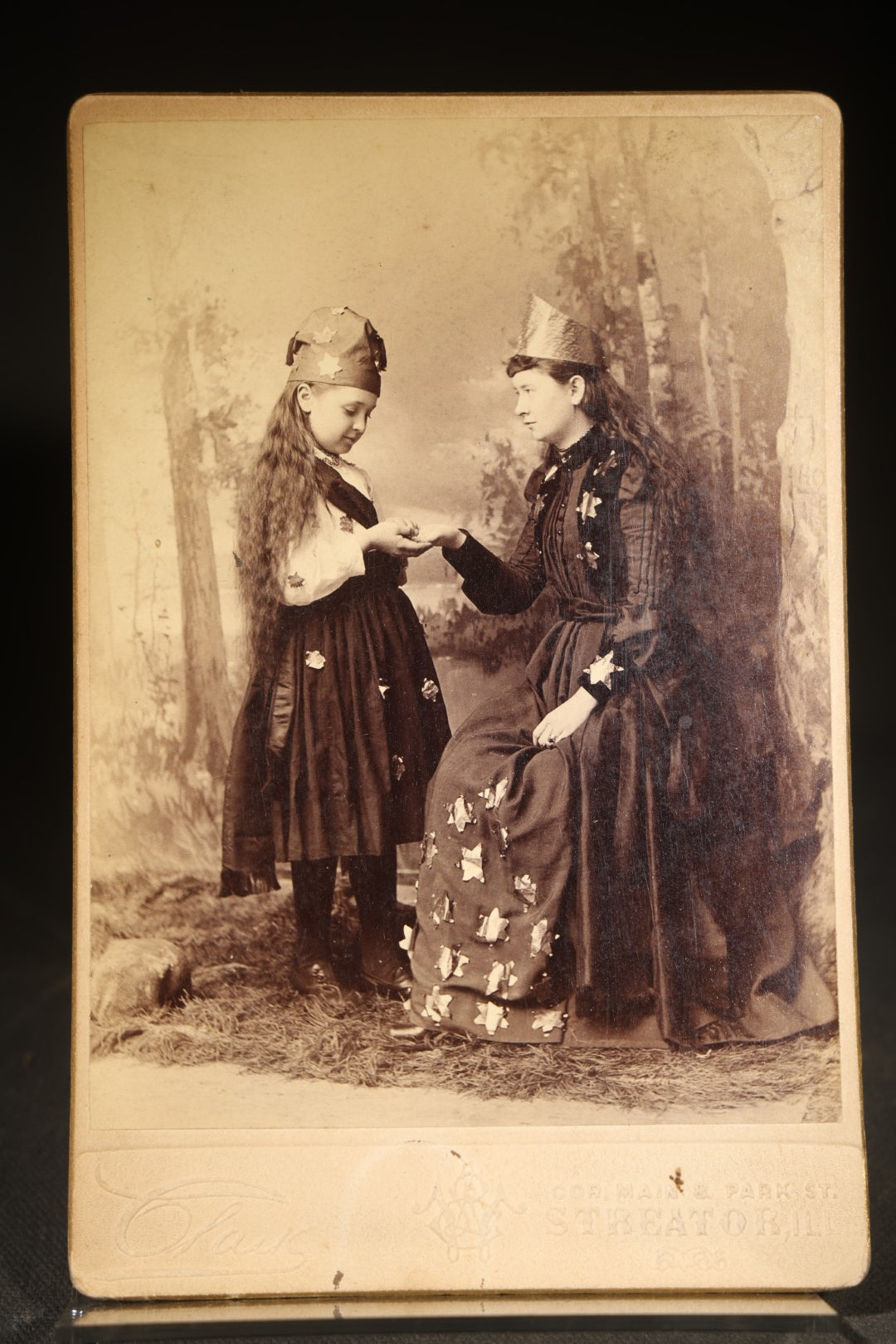 Antique Cabinet Card Photograph of a Woman and Girl in Star-Adorned Costumes with Crowns, Photographed by Clark, Streator, Illinois