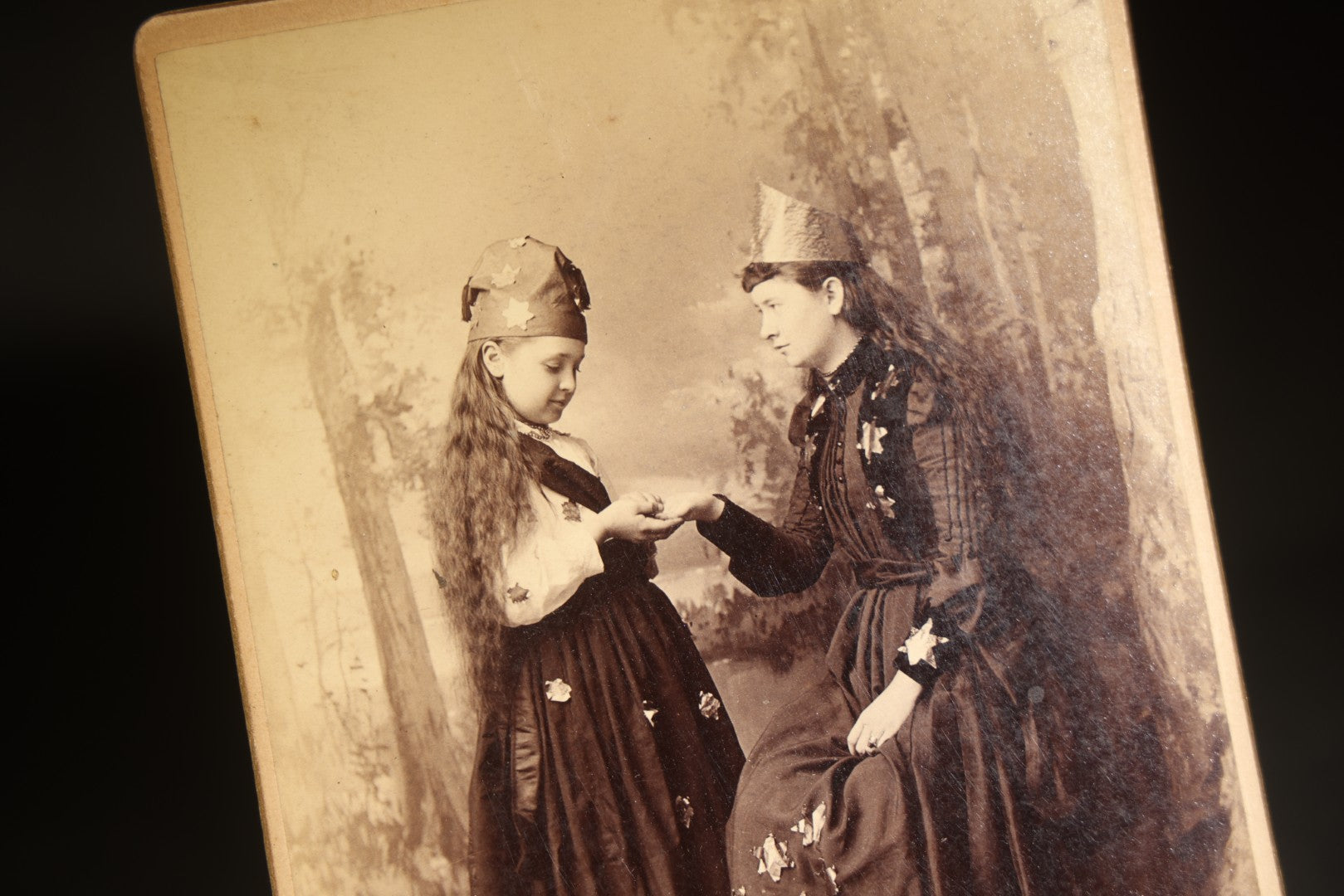 Antique Cabinet Card Photograph of a Woman and Girl in Star-Adorned Costumes with Crowns, Photographed by Clark, Streator, Illinois