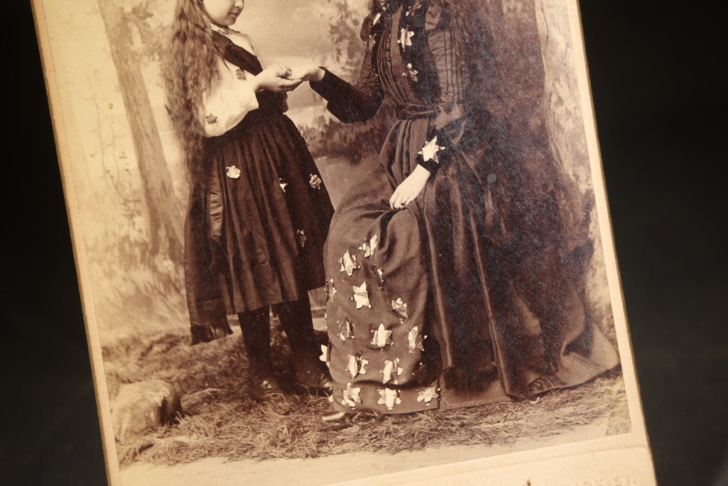 Antique Cabinet Card Photograph of a Woman and Girl in Star-Adorned Costumes with Crowns, Photographed by Clark, Streator, Illinois