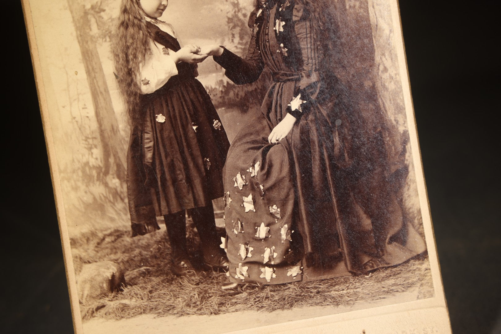 Antique Cabinet Card Photograph of a Woman and Girl in Star-Adorned Costumes with Crowns, Photographed by Clark, Streator, Illinois