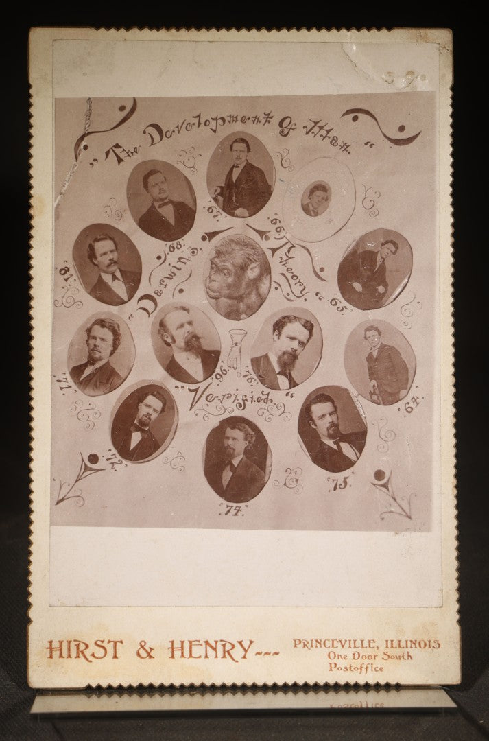 Antique Cabinet Card Photograph Novelty Titled "The Development of Man" and "Darwin's Theory Verified," Composite Oval Portraits of One Man Across 35 Years, Inscribed to "Aunt Lizzie," Photographed by Hirst & Henry, Princeville, Illinois
