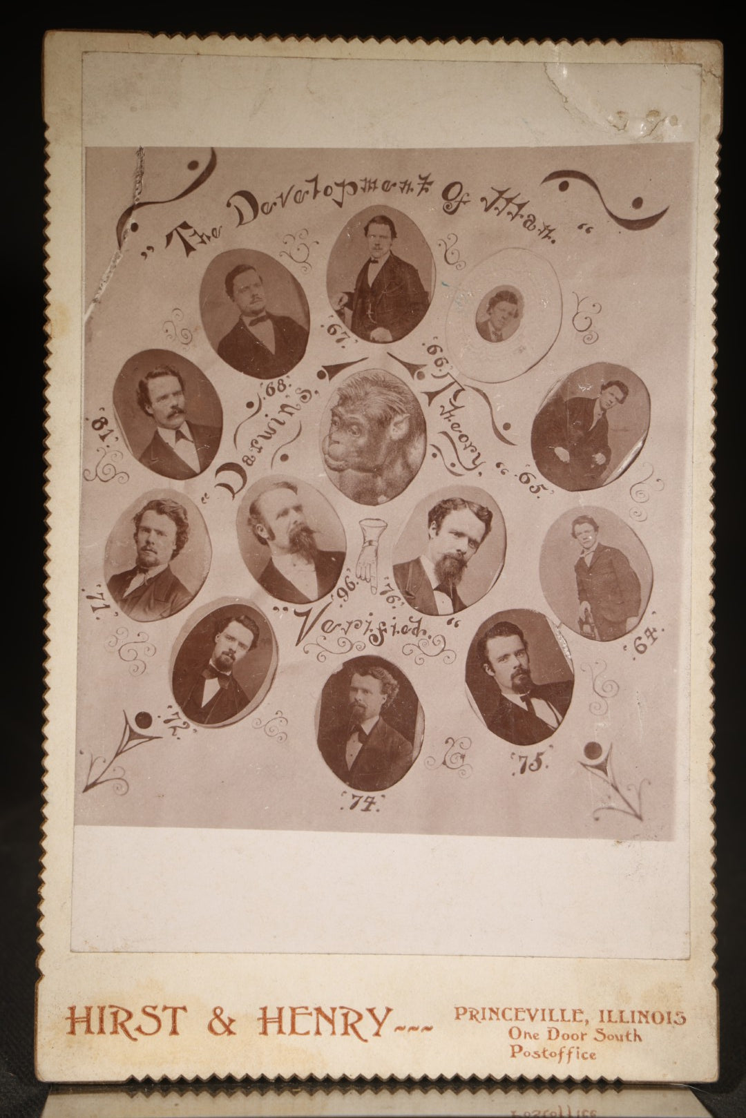 Antique Cabinet Card Photograph Novelty Titled "The Development of Man" and "Darwin's Theory Verified," Composite Oval Portraits of One Man Across 35 Years, Inscribed to "Aunt Lizzie," Photographed by Hirst & Henry, Princeville, Illinois
