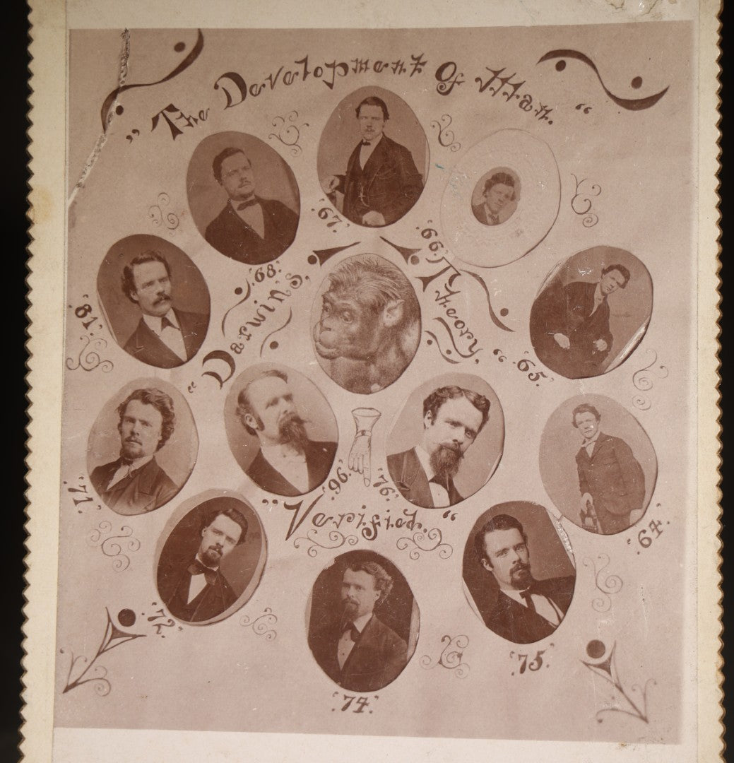 Antique Cabinet Card Photograph Novelty Titled "The Development of Man" and "Darwin's Theory Verified," Composite Oval Portraits of One Man Across 35 Years, Inscribed to "Aunt Lizzie," Photographed by Hirst & Henry, Princeville, Illinois