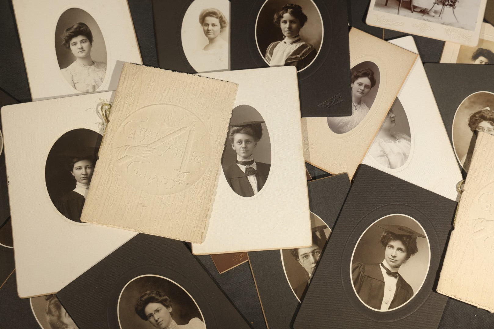 Grouping of Antique Board-Mounted Portrait Photographs of Young Women High School Graduates with 1897 Watseka High School Commencement Program and Maud T. Seaman Calling Cards, Watseka, Illinois