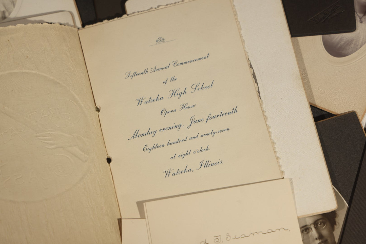 Grouping of Antique Board-Mounted Portrait Photographs of Young Women High School Graduates with 1897 Watseka High School Commencement Program and Maud T. Seaman Calling Cards, Watseka, Illinois