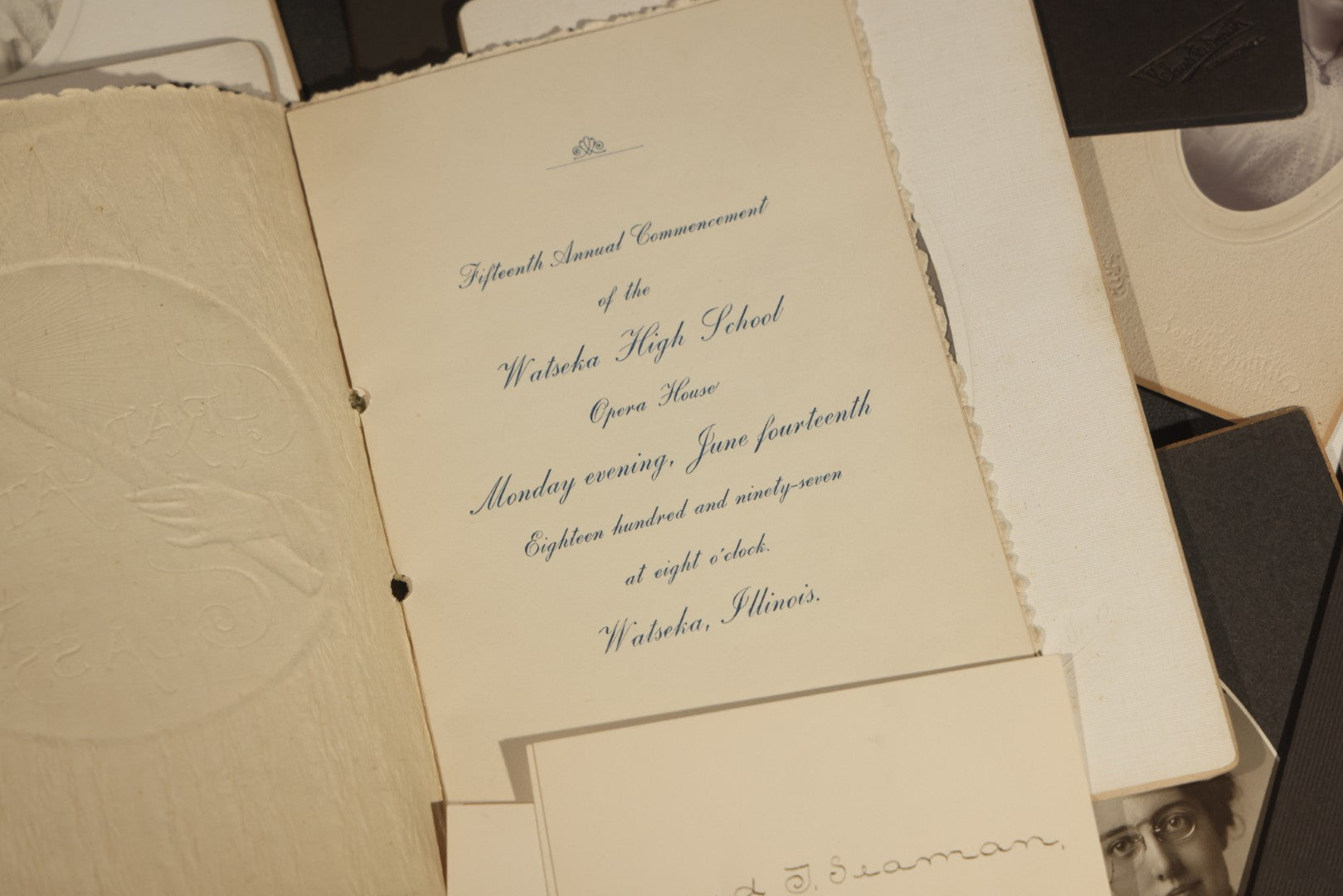 Grouping of Antique Board-Mounted Portrait Photographs of Young Women High School Graduates with 1897 Watseka High School Commencement Program and Maud T. Seaman Calling Cards, Watseka, Illinois