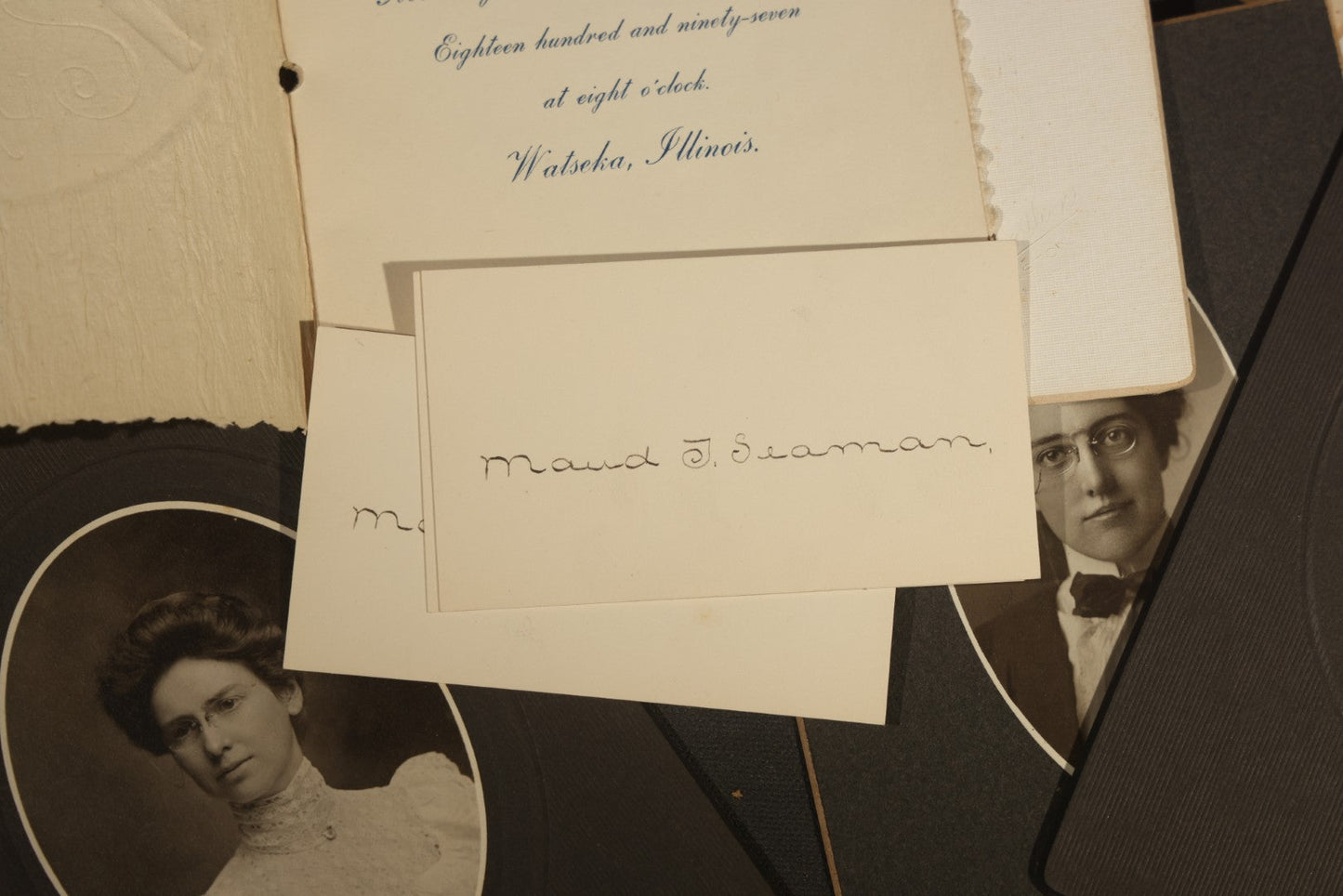 Grouping of Antique Board-Mounted Portrait Photographs of Young Women High School Graduates with 1897 Watseka High School Commencement Program and Maud T. Seaman Calling Cards, Watseka, Illinois