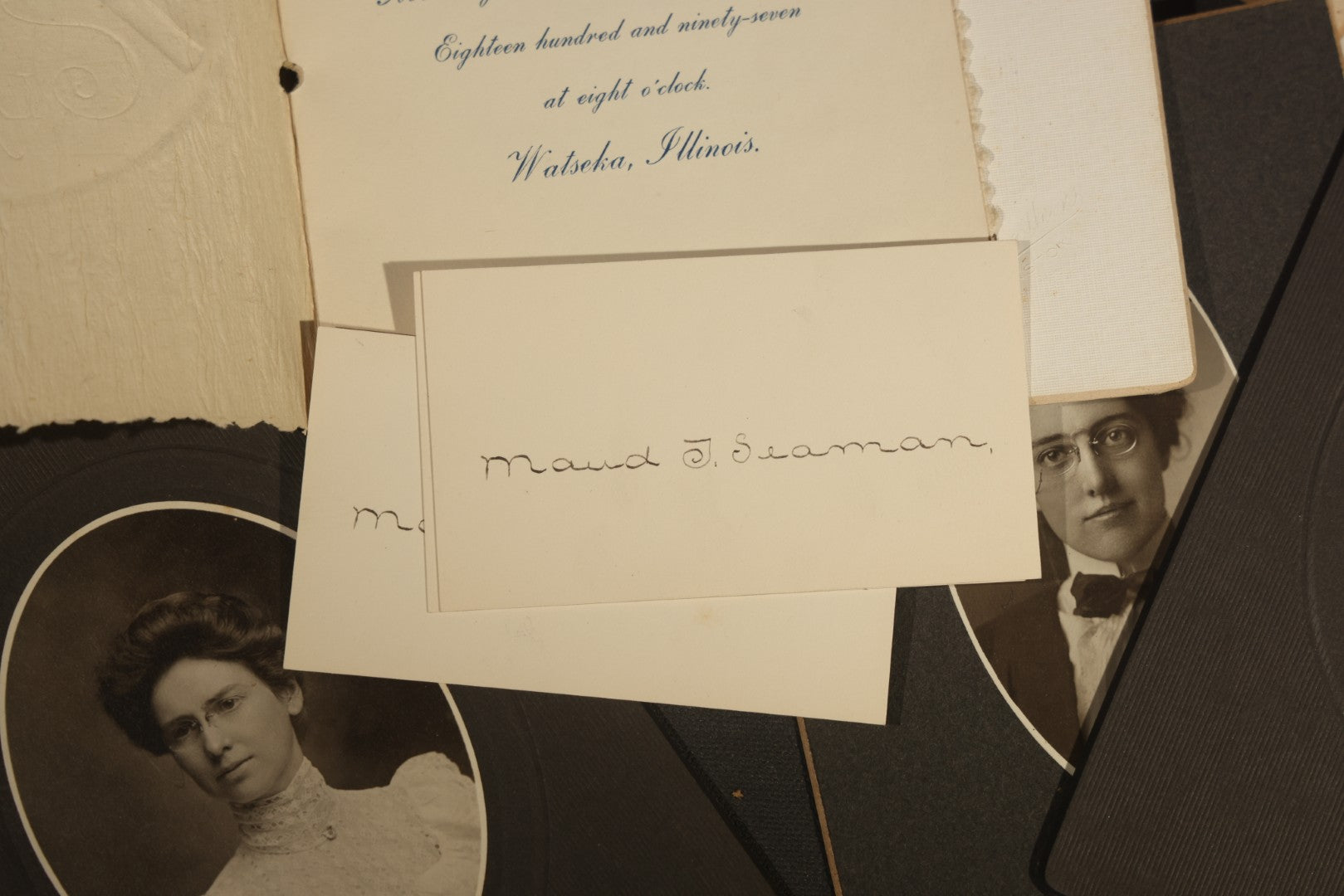 Grouping of Antique Board-Mounted Portrait Photographs of Young Women High School Graduates with 1897 Watseka High School Commencement Program and Maud T. Seaman Calling Cards, Watseka, Illinois