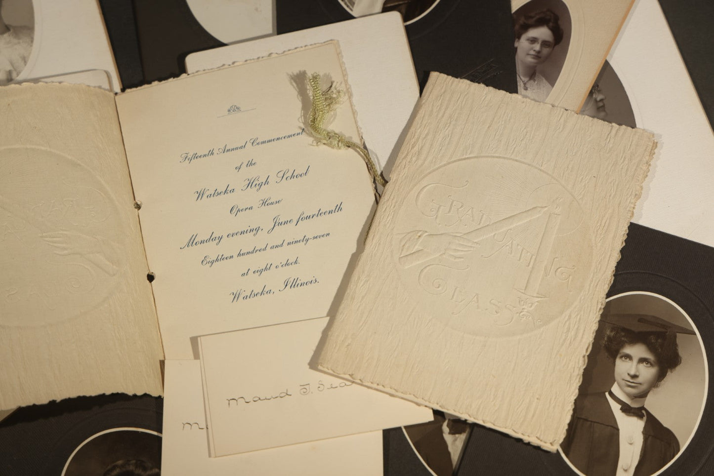 Grouping of Antique Board-Mounted Portrait Photographs of Young Women High School Graduates with 1897 Watseka High School Commencement Program and Maud T. Seaman Calling Cards, Watseka, Illinois