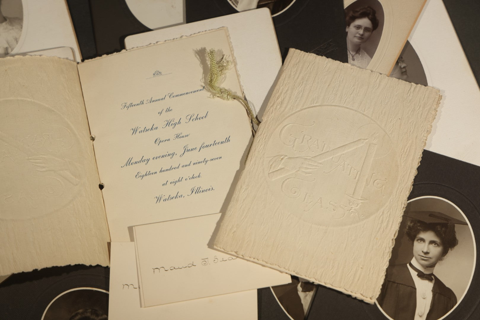 Grouping of Antique Board-Mounted Portrait Photographs of Young Women High School Graduates with 1897 Watseka High School Commencement Program and Maud T. Seaman Calling Cards, Watseka, Illinois