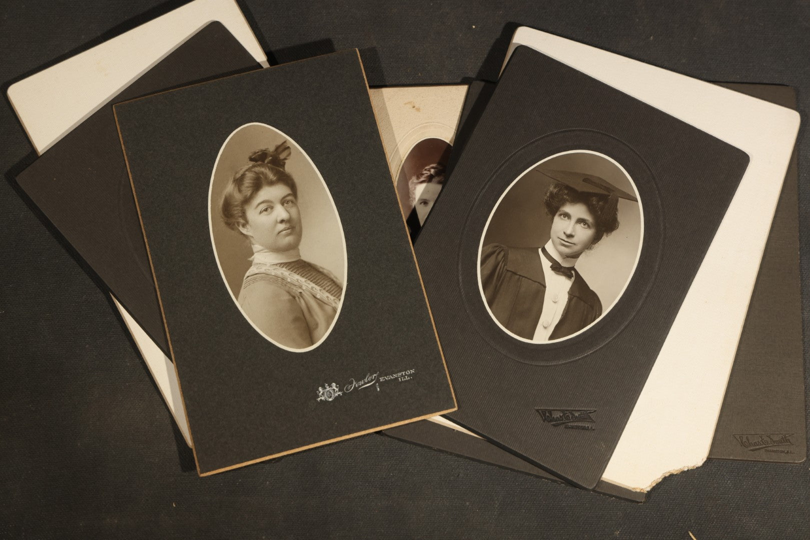 Grouping of Antique Board-Mounted Portrait Photographs of Young Women High School Graduates with 1897 Watseka High School Commencement Program and Maud T. Seaman Calling Cards, Watseka, Illinois