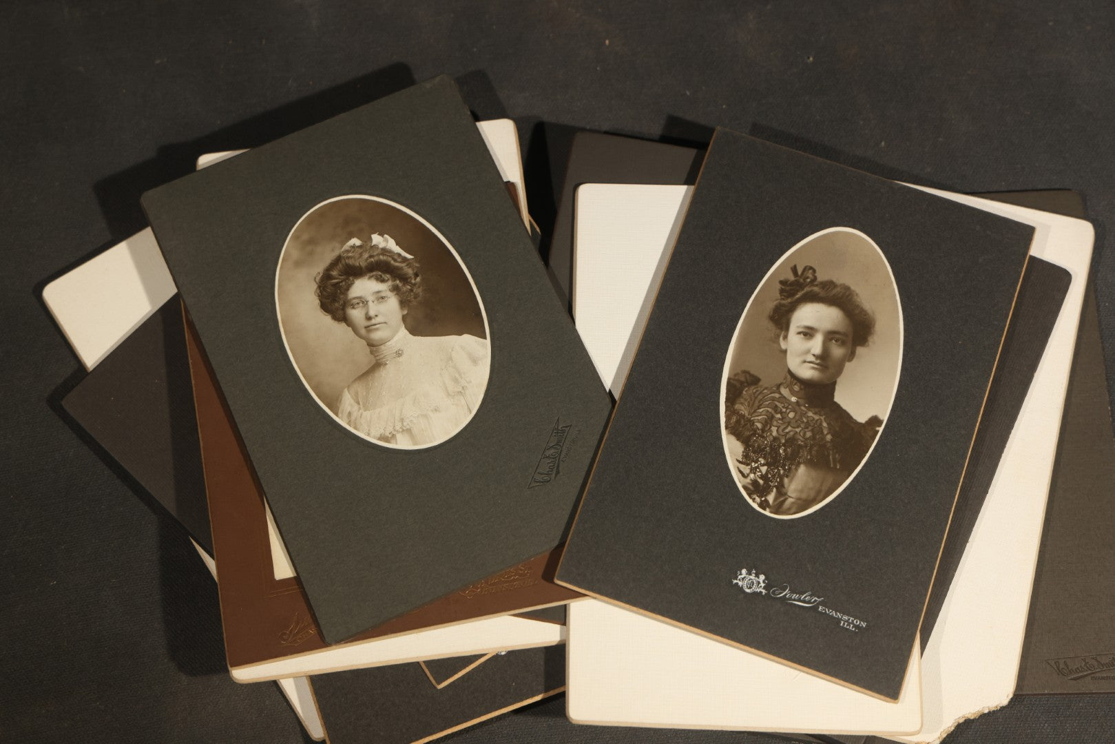 Grouping of Antique Board-Mounted Portrait Photographs of Young Women High School Graduates with 1897 Watseka High School Commencement Program and Maud T. Seaman Calling Cards, Watseka, Illinois
