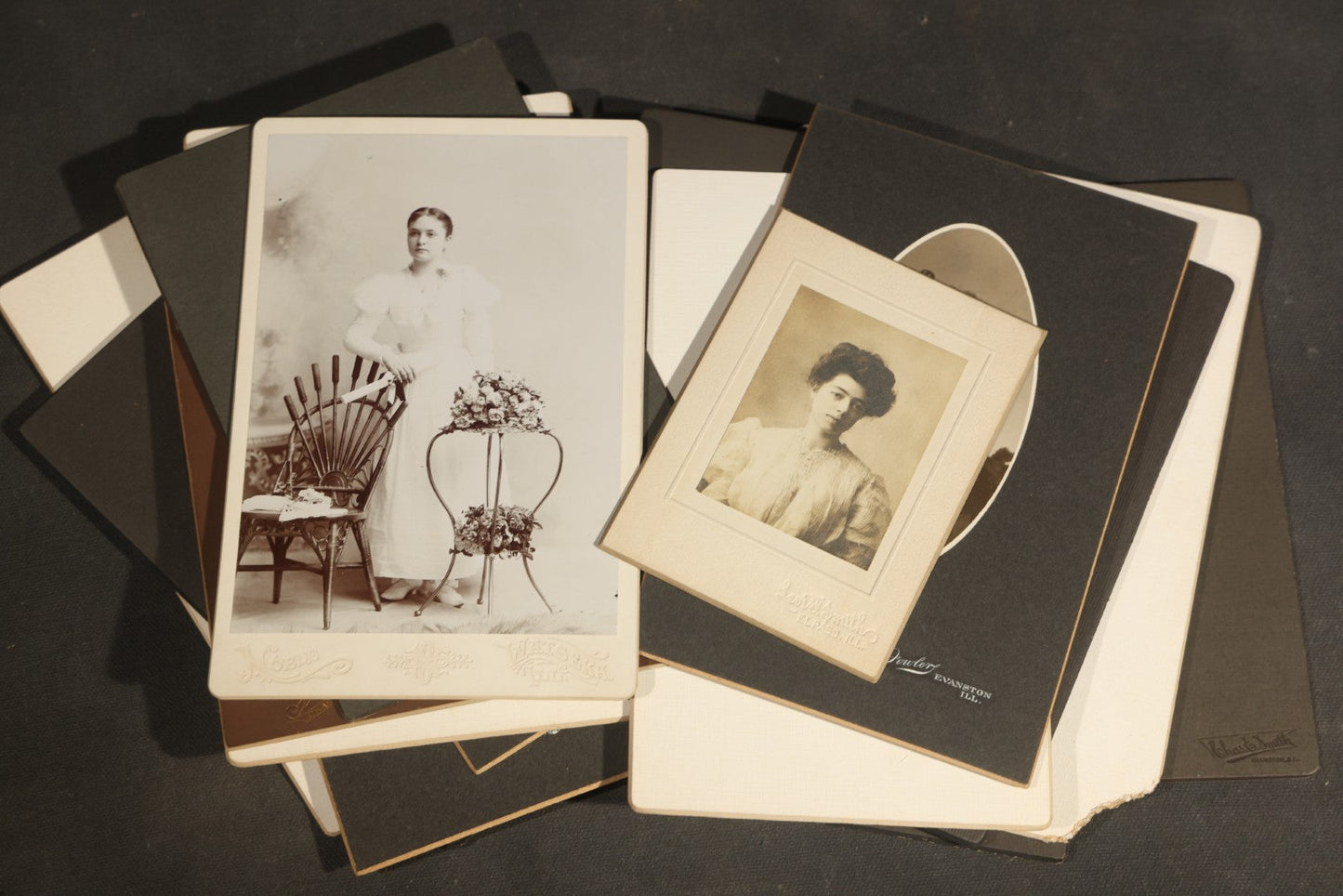 Grouping of Antique Board-Mounted Portrait Photographs of Young Women High School Graduates with 1897 Watseka High School Commencement Program and Maud T. Seaman Calling Cards, Watseka, Illinois