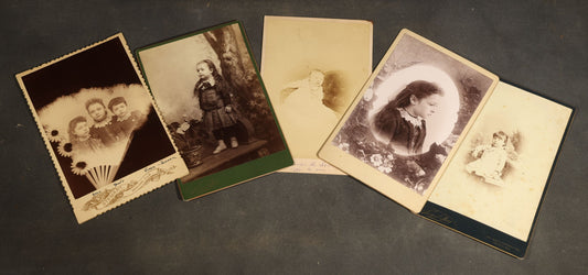 Grouping of Five Antique Cabinet Card Photographs of Children including Anna, Maude, and Grace Seaman, Photographed by Stewart, Minonk, Illinois and Lequist Bros., Peoria, Illinois
