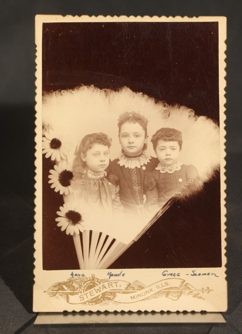 Grouping of Five Antique Cabinet Card Photographs of Children including Anna, Maude, and Grace Seaman, Photographed by Stewart, Minonk, Illinois and Lequist Bros., Peoria, Illinois