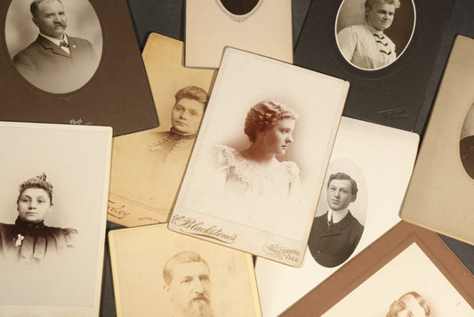 Grouping of 11 Antique Cabinet Card Photographs of Men and Women including Blackstone's of Galesburg, Illinois