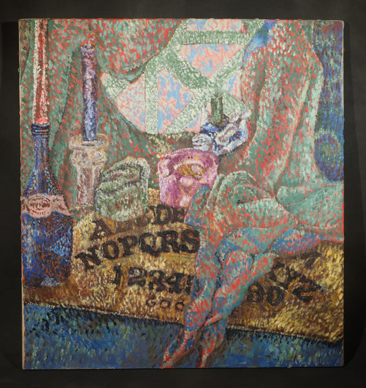 Vintage Pointillist Oil Painting on Canvas, Still Life with Ouija Board, Bottles, and Glassware, Signed Leah Storey, Circa 1990s