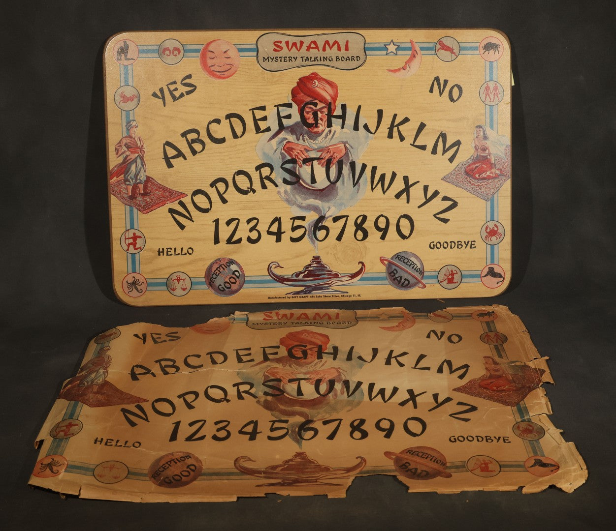 Vintage "Swami Mystery Talking Board" Ouija Board with Partial Original Paper Sleeve, Manufactured by Gift Craft, 666 Lake Shore Drive, Chicago, Illinois