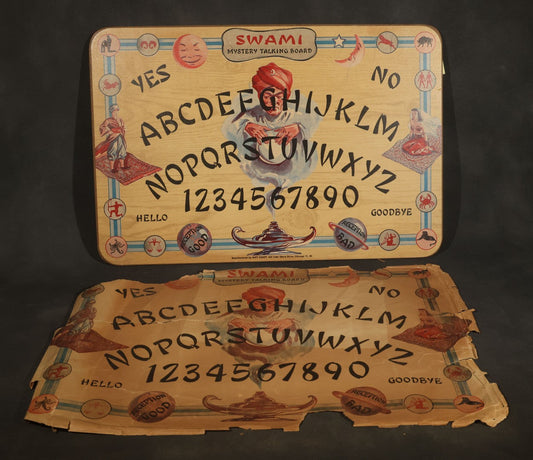 Vintage "Swami Mystery Talking Board" Ouija Board with Partial Original Paper Sleeve, Manufactured by Gift Craft, 666 Lake Shore Drive, Chicago, Illinois