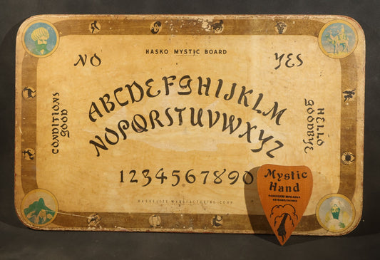 Vintage Hasko Mystic Board Ouija Board with Mystic Hand Planchette, Manufactured by Haskelite Manufacturing Corp., Chicago, Illinois