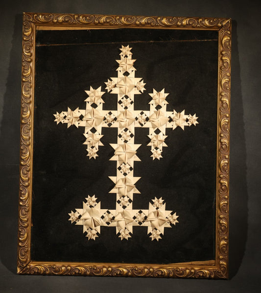 Antique Victorian Folded Paper Cross on Black Velvet in Modern Gilt Frame