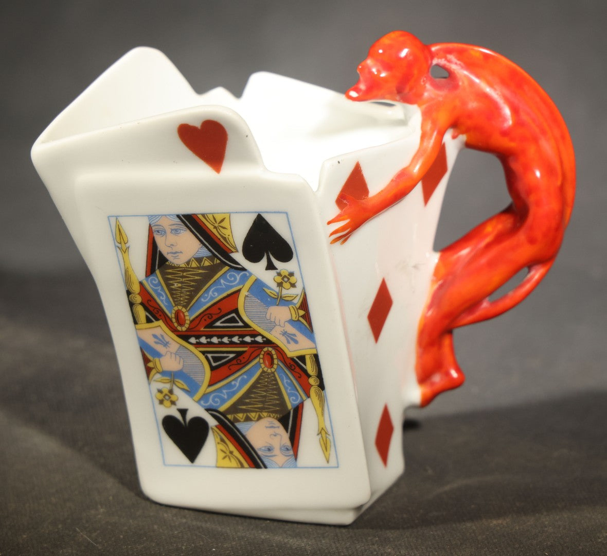 Antique Royal Bayreuth Porcelain Devil and Cards Figural Creamer with Red Devil Handle, Bavaria, Germany