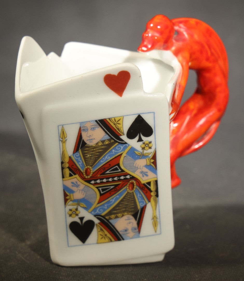 Antique Royal Bayreuth Porcelain Devil and Cards Figural Creamer with Red Devil Handle, Bavaria, Germany
