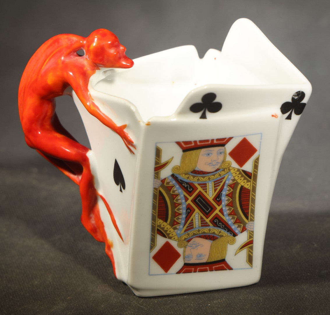 Antique Royal Bayreuth Porcelain Devil and Cards Figural Creamer with Red Devil Handle, Bavaria, Germany