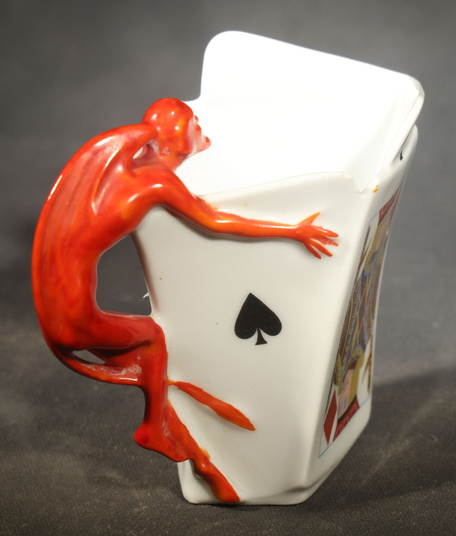 Antique Royal Bayreuth Porcelain Devil and Cards Figural Creamer with Red Devil Handle, Bavaria, Germany