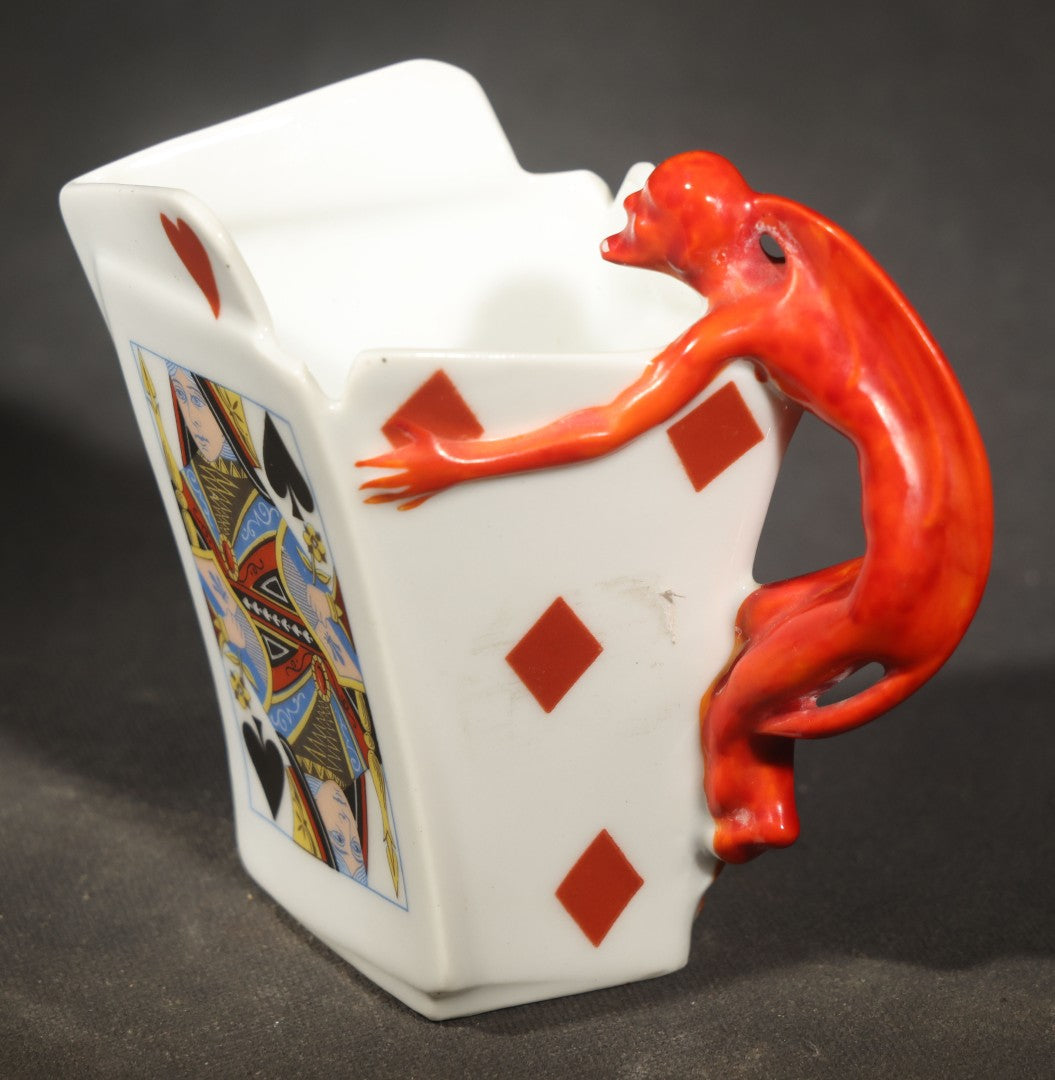 Antique Royal Bayreuth Porcelain Devil and Cards Figural Creamer with Red Devil Handle, Bavaria, Germany
