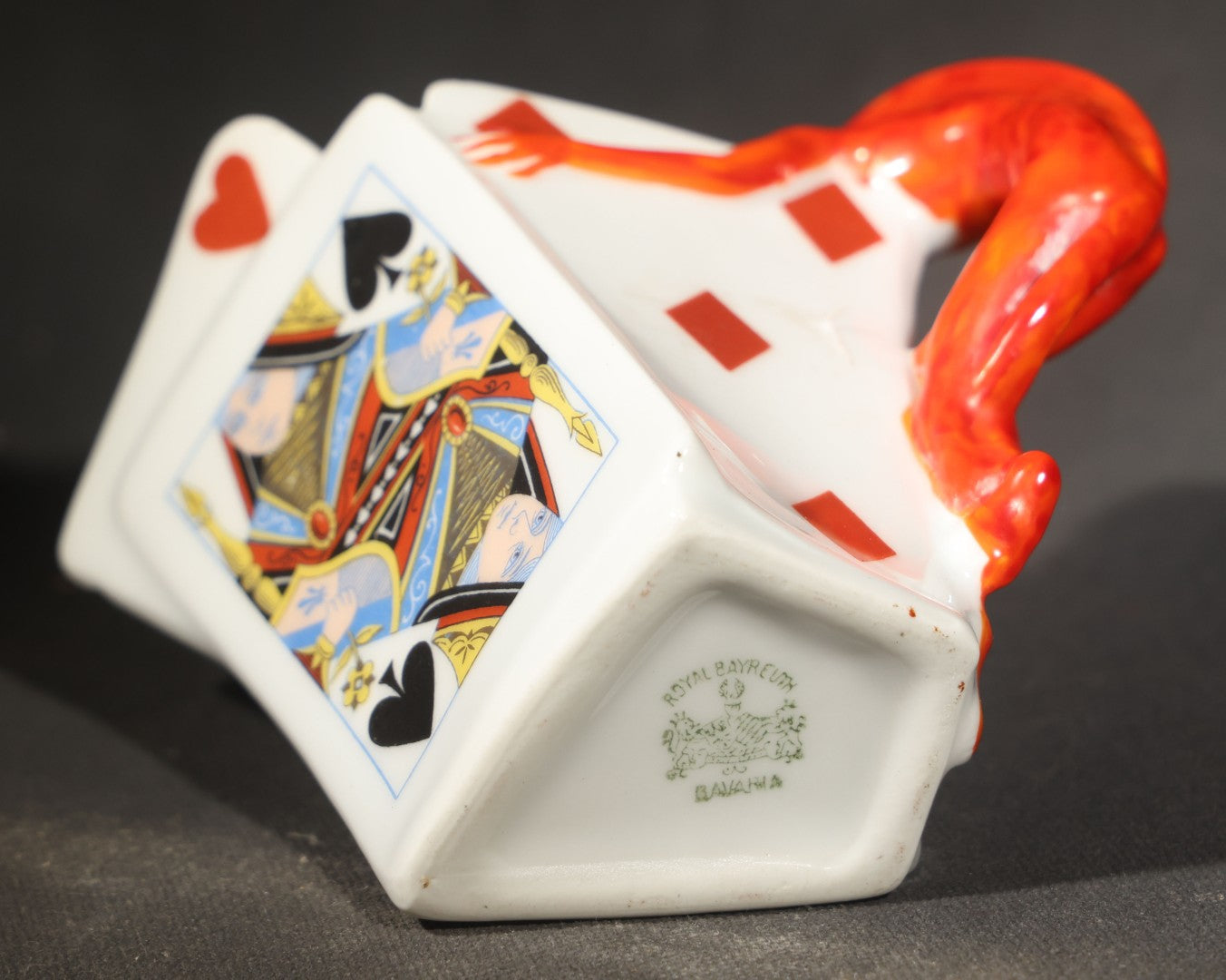 Antique Royal Bayreuth Porcelain Devil and Cards Figural Creamer with Red Devil Handle, Bavaria, Germany