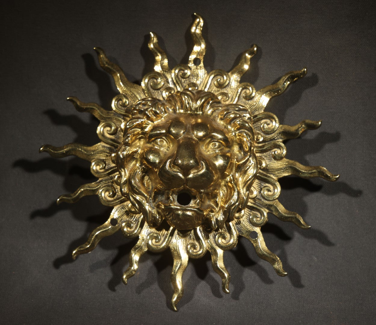 Antique Solid Brass Lion and Sunburst Gas Wall Fixture Backplate with Threaded Mouth Opening