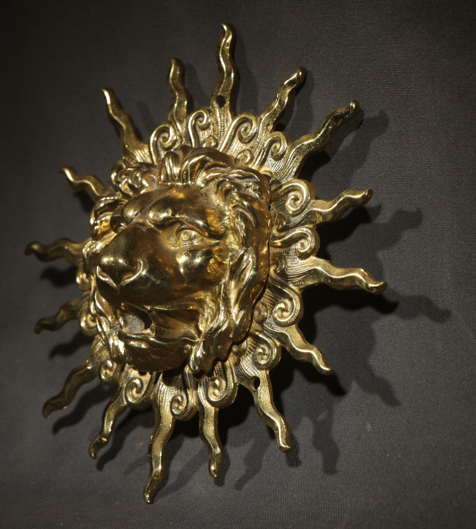 Antique Solid Brass Lion and Sunburst Gas Wall Fixture Backplate with Threaded Mouth Opening