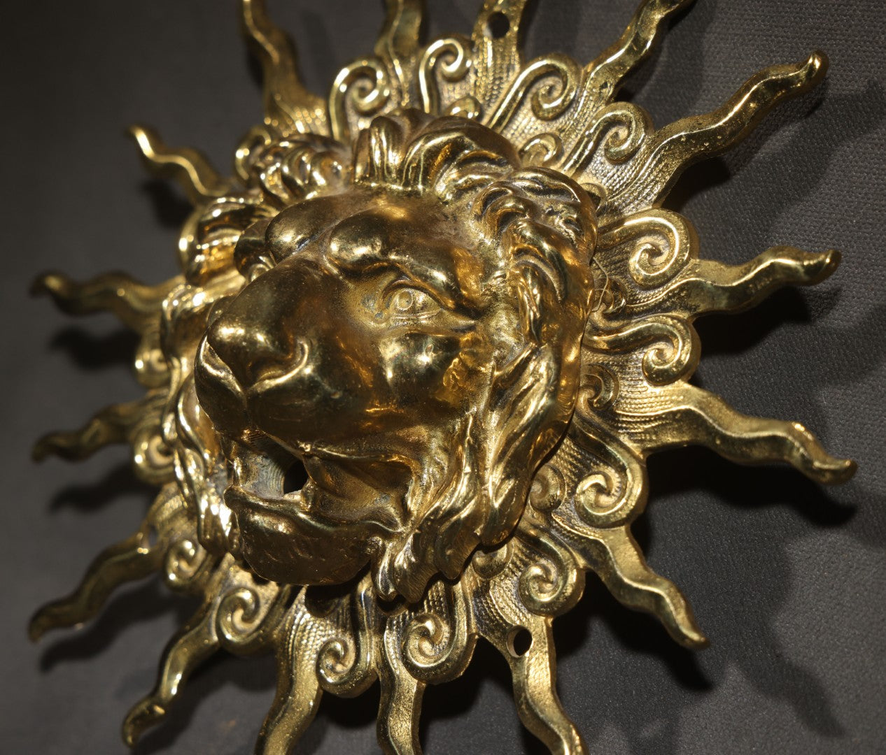 Antique Solid Brass Lion and Sunburst Gas Wall Fixture Backplate with Threaded Mouth Opening