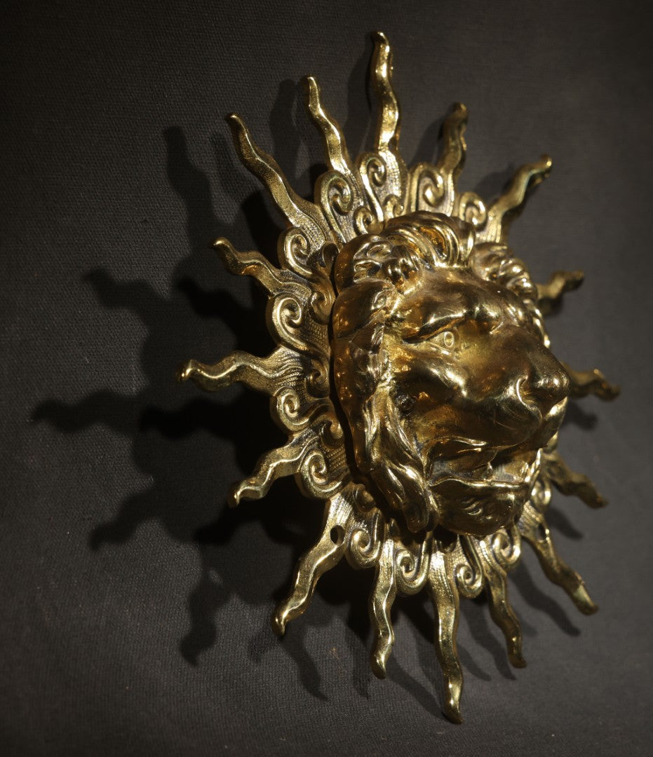 Antique Solid Brass Lion and Sunburst Gas Wall Fixture Backplate with Threaded Mouth Opening