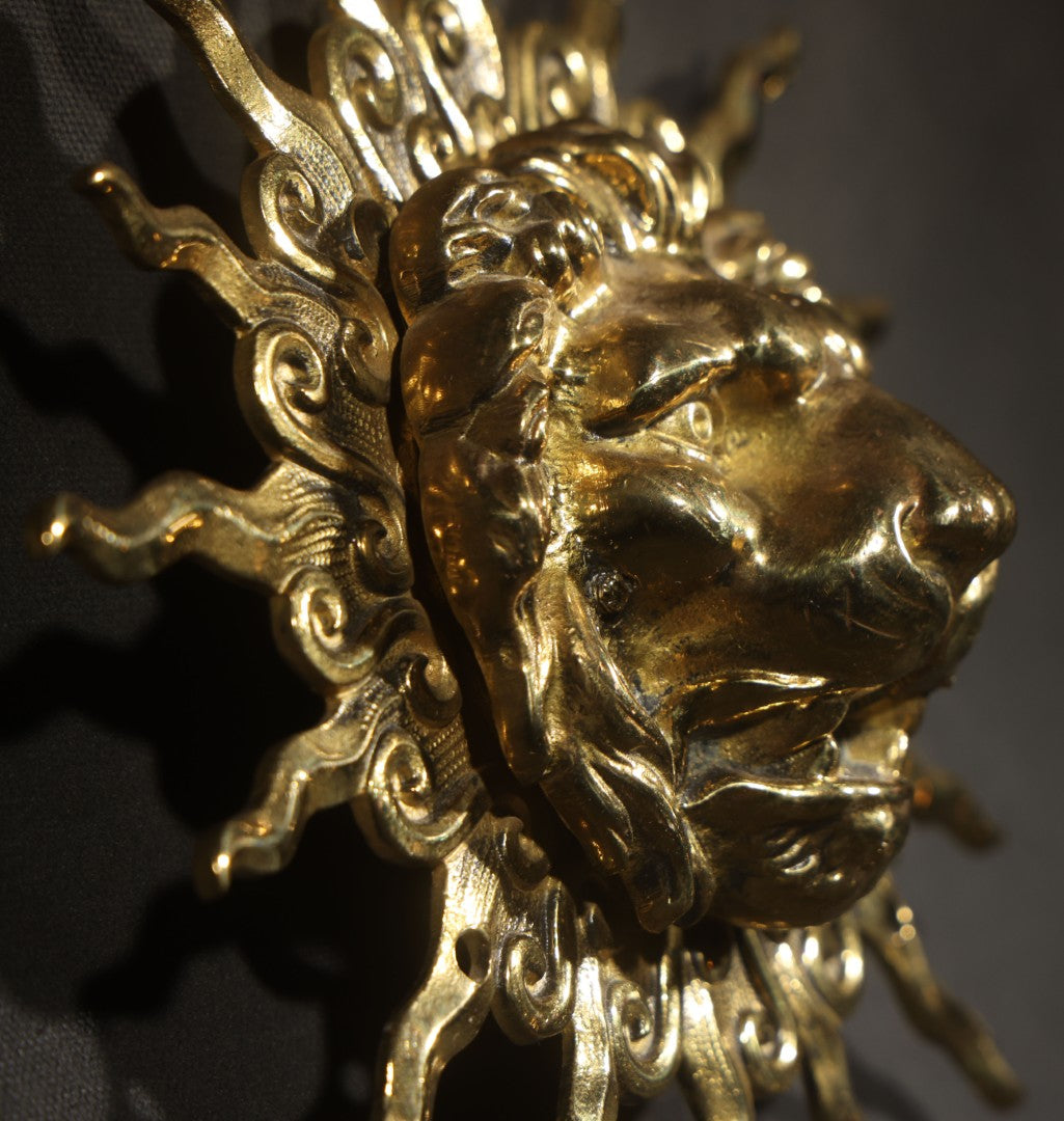 Antique Solid Brass Lion and Sunburst Gas Wall Fixture Backplate with Threaded Mouth Opening
