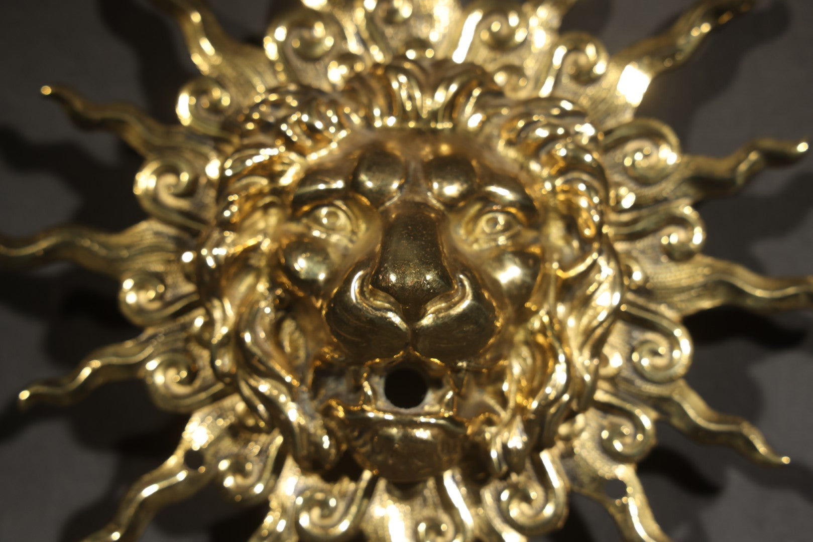 Antique Solid Brass Lion and Sunburst Gas Wall Fixture Backplate with Threaded Mouth Opening