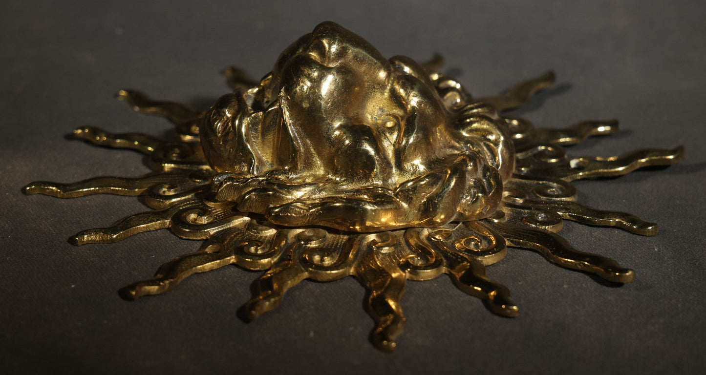 Antique Solid Brass Lion and Sunburst Gas Wall Fixture Backplate with Threaded Mouth Opening