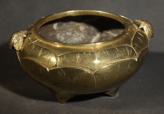Vintage Chinese Brass Censer / Incense Burner with Lotus Petal Body, Fly-Form Handles, Three Feet, and Six-Circle Mark