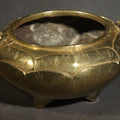 Lot 008 - Vintage Chinese Brass Censer / Incense Burner with Lotus Petal Body, Fly-Form Handles, Three Feet, and Six-Circle Mark, 5" W