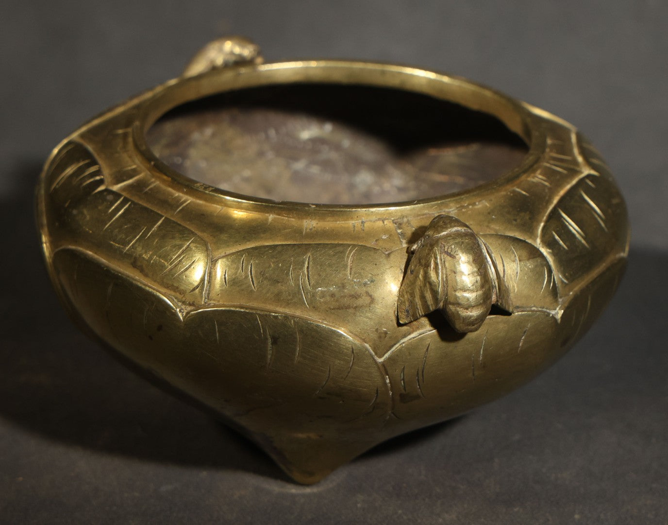 Vintage Chinese Brass Censer / Incense Burner with Lotus Petal Body, Fly-Form Handles, Three Feet, and Six-Circle Mark