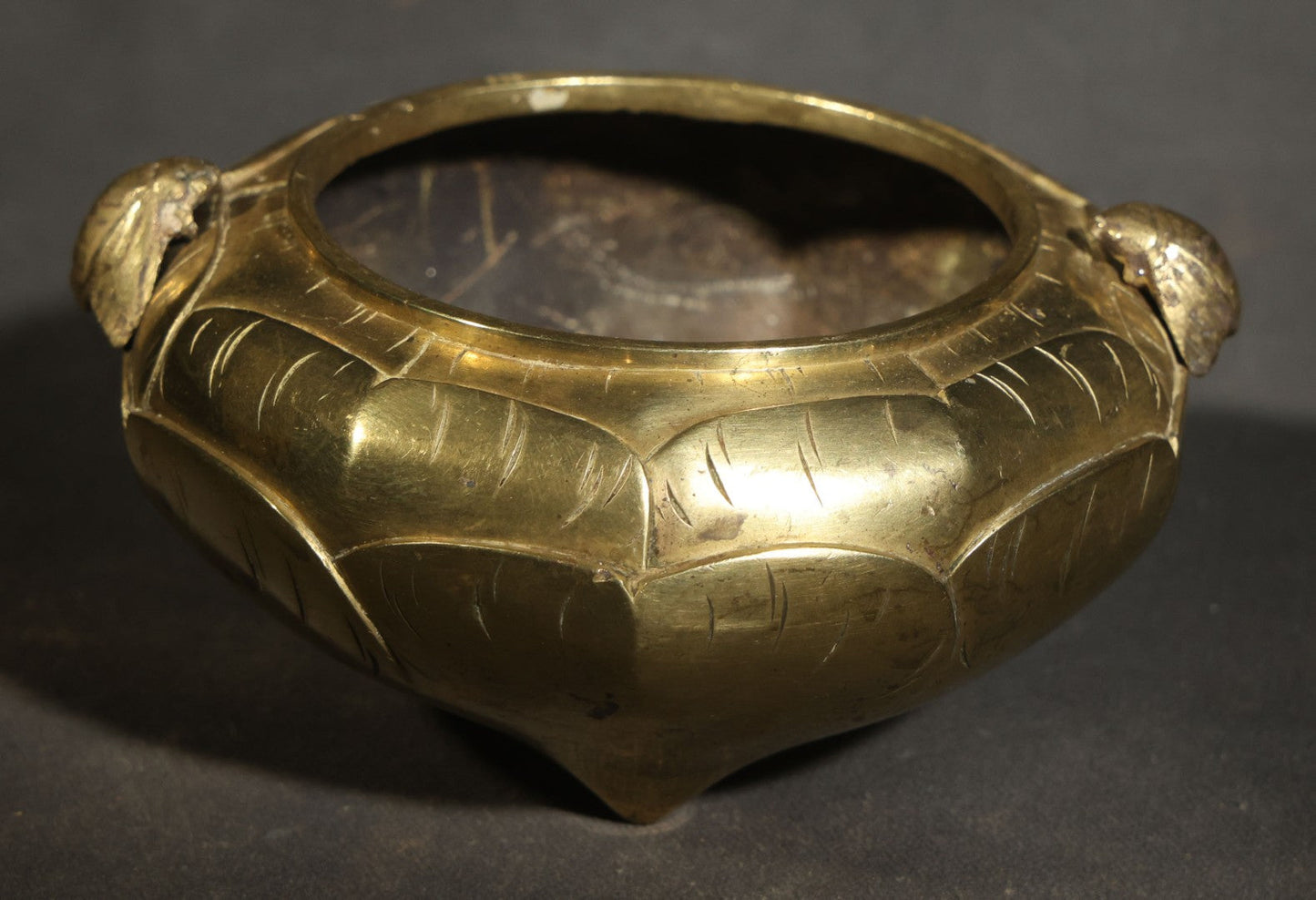 Vintage Chinese Brass Censer / Incense Burner with Lotus Petal Body, Fly-Form Handles, Three Feet, and Six-Circle Mark