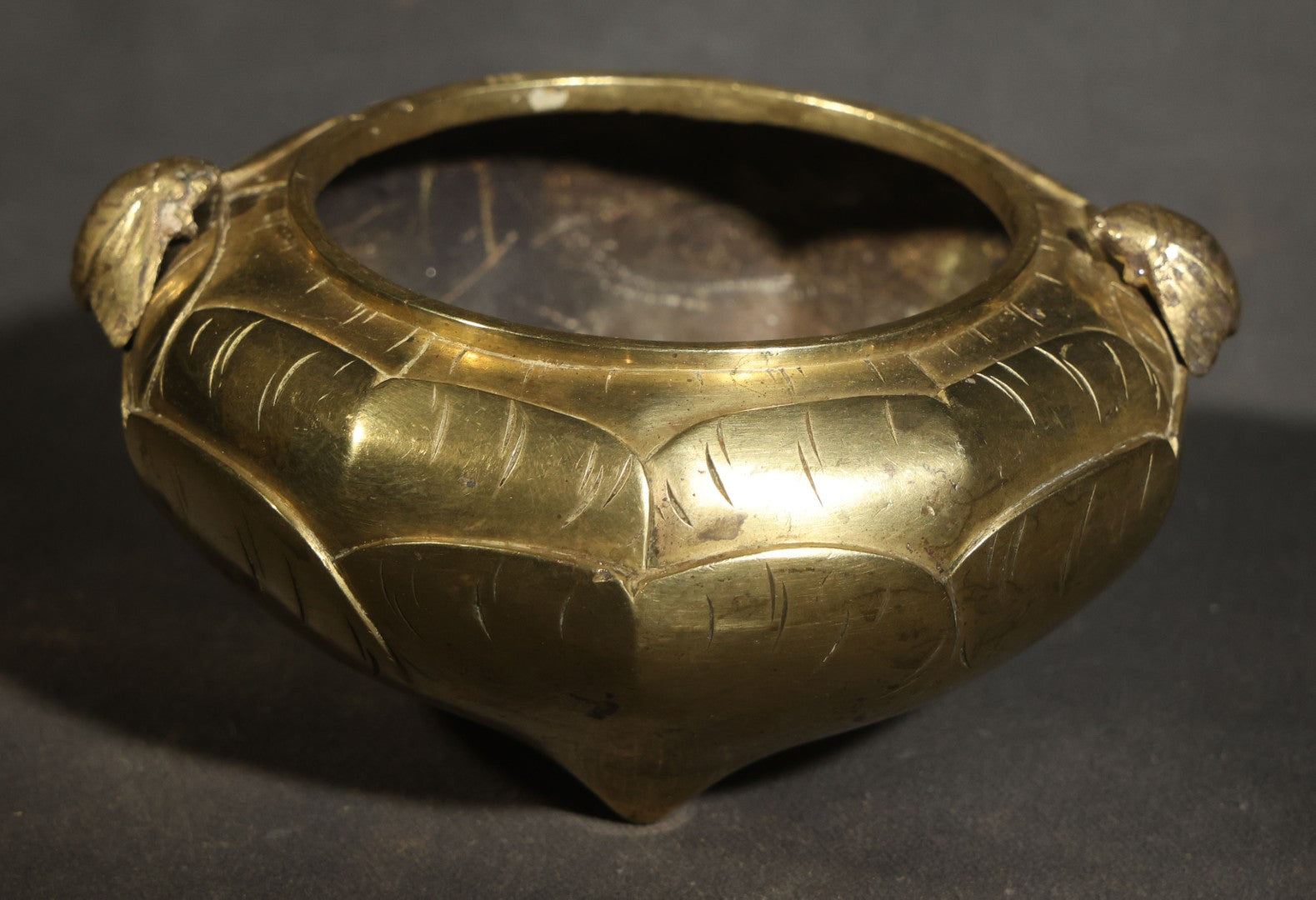Vintage Chinese Brass Censer / Incense Burner with Lotus Petal Body, Fly-Form Handles, Three Feet, and Six-Circle Mark