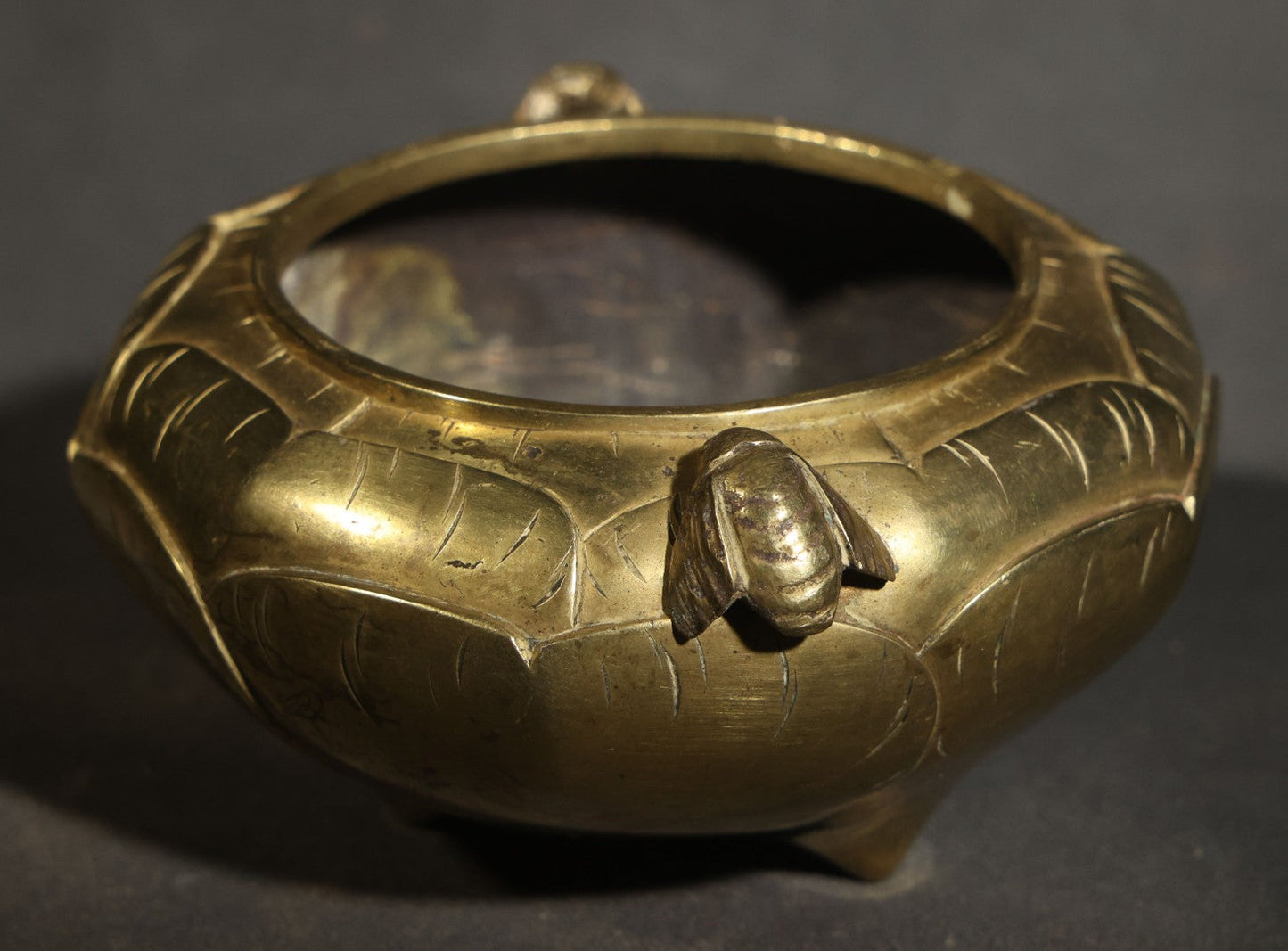 Vintage Chinese Brass Censer / Incense Burner with Lotus Petal Body, Fly-Form Handles, Three Feet, and Six-Circle Mark