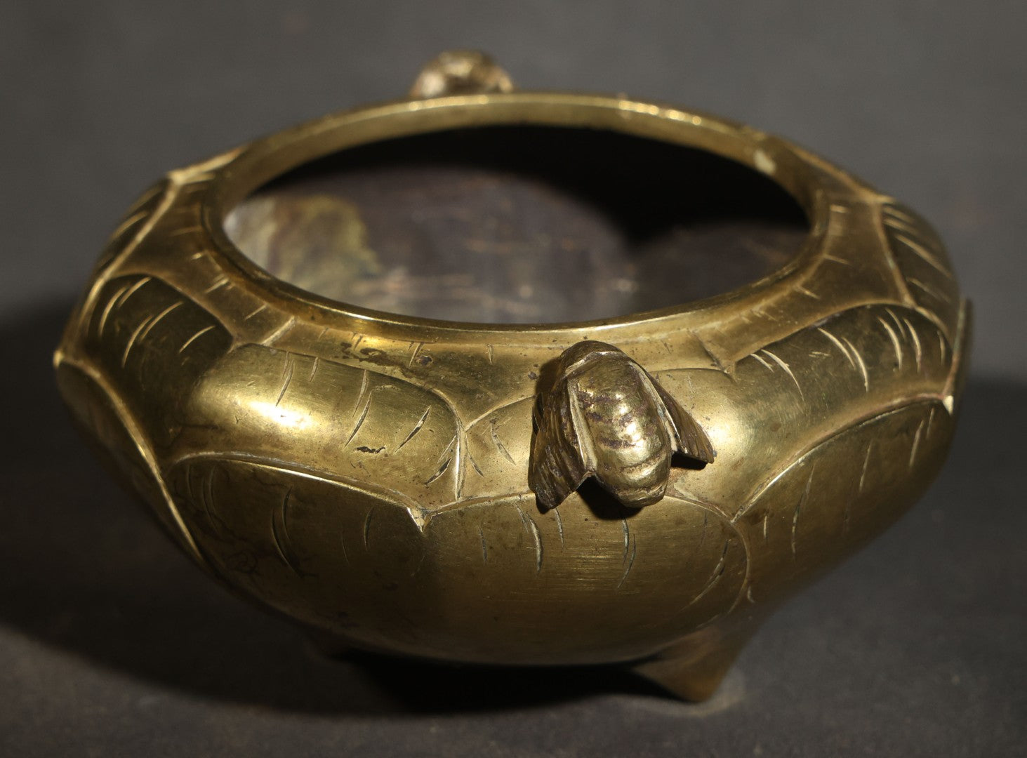 Vintage Chinese Brass Censer / Incense Burner with Lotus Petal Body, Fly-Form Handles, Three Feet, and Six-Circle Mark