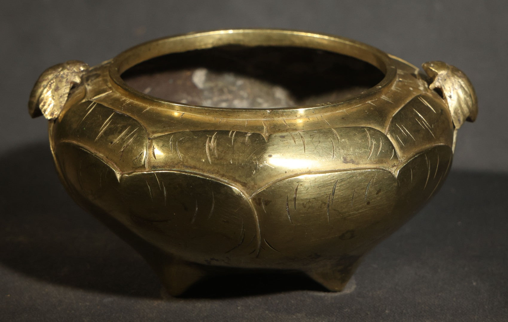 Vintage Chinese Brass Censer / Incense Burner with Lotus Petal Body, Fly-Form Handles, Three Feet, and Six-Circle Mark