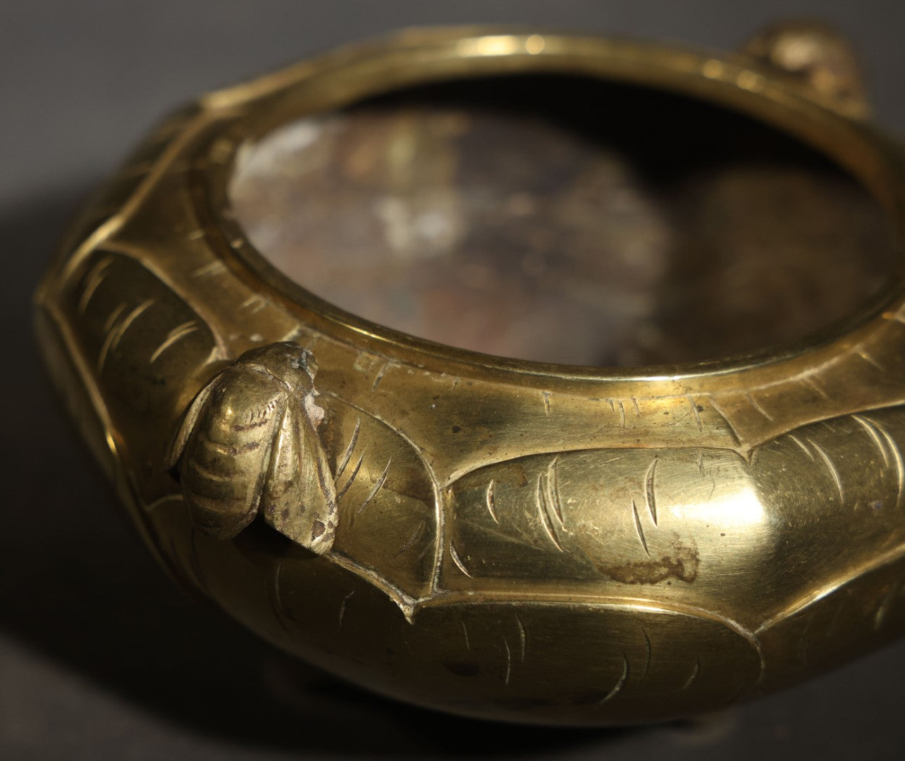 Vintage Chinese Brass Censer / Incense Burner with Lotus Petal Body, Fly-Form Handles, Three Feet, and Six-Circle Mark